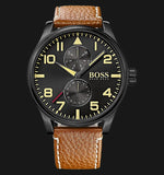 Hugo Boss Aeroliner Maxx Chronograph Black Dial Brown Leather Strap Watch For Men - 1513082