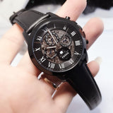 Fossil Grant Automatic Chronograph Black Dial Black Leather Strap Watch for Men - ME3028