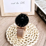 Daniel Wellington Petite Melrose Black Dial Rose Gold Mesh Strap Watch For Women - DW00100303