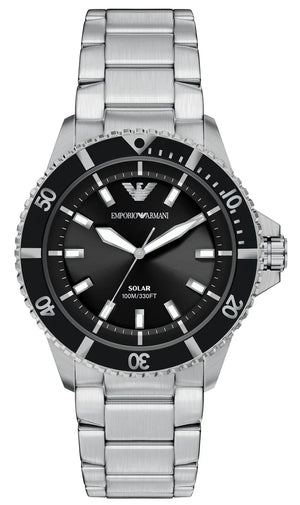 Emporio Armani World Explorer Solar Black Dial Silver Steel Strap Watch for Men - AR11787