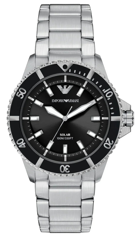 Emporio Armani World Explorer Solar Black Dial Silver Steel Strap Watch for Men - AR11787