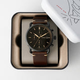 Fossil Commuter Chronograph Black Dial Brown Leather Strap Watch for Men - FS5403