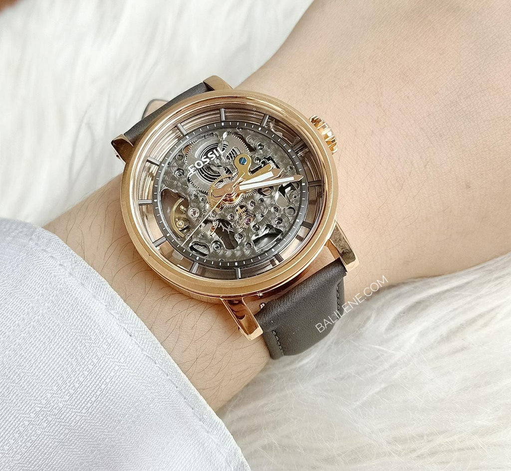 Fossil Boyfriend Automatic Skeleton Grey Dial Grey Leather Strap Watch for Women - ME3089