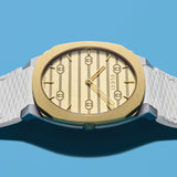 Gucci 25H Quartz Gold Dial Silver Steel Strap Watch for Men - YA163405