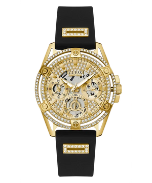 Guess Queen Quartz Gold Dial Black Silicone Strap Watch For Women - GW0536L3