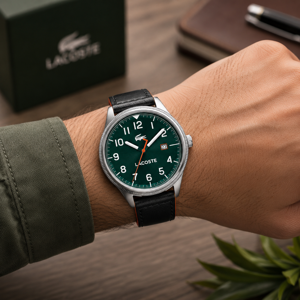 Lacoste Continental Green Dial Black Leather Strap Watch for Men - 2011019