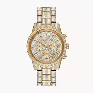 Michael Kors Ritz Three-Hand Glitz Crystals Gold Dial Gold Steel Strap Watch for Women - MK6747