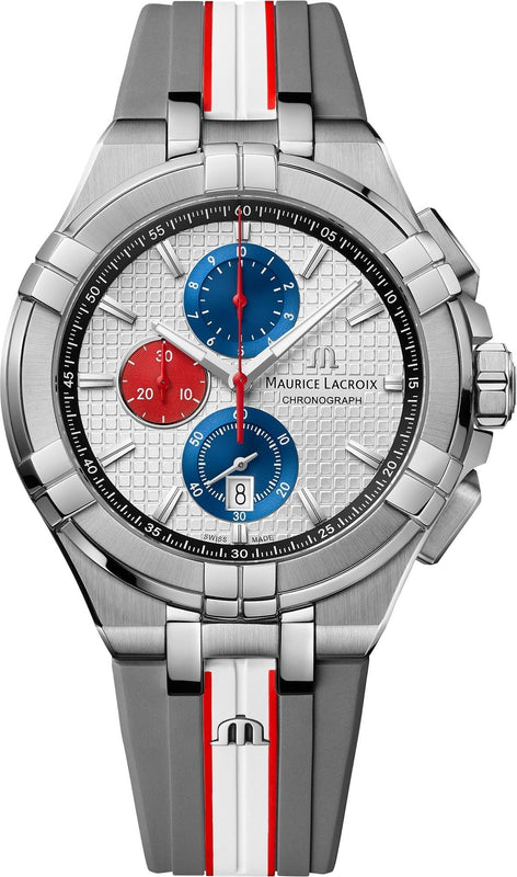Maurice Lacroix Aikon Chronograph Special Edition Mahindra Racing Silver Dial Grey Rubber Strap Watch for Men - AI1018-TT031-130-2
