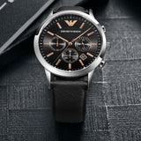 Emporio Armani Giovanni Analog Black Dial Black Leather Strap Watch For Men - AR11431
