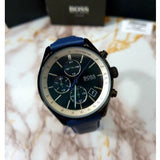 Hugo Boss Grand Prix Chronograph Black Dial Blue Leather Strap Watch for Men - 1513563