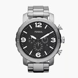 Fossil Nate Chronograph Black Dial Silver Steel Strap Watch for Men - JR1353
