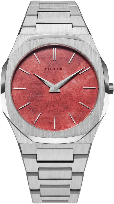 D1 Milano Ultra Thin Red Dial Silver Steel Strap Watch for Men - D1-UTBJ20