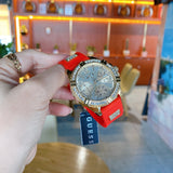Guess Frontier Diamonds Gold Dial Red Rubber Strap Watch for Women - GW0045L2
