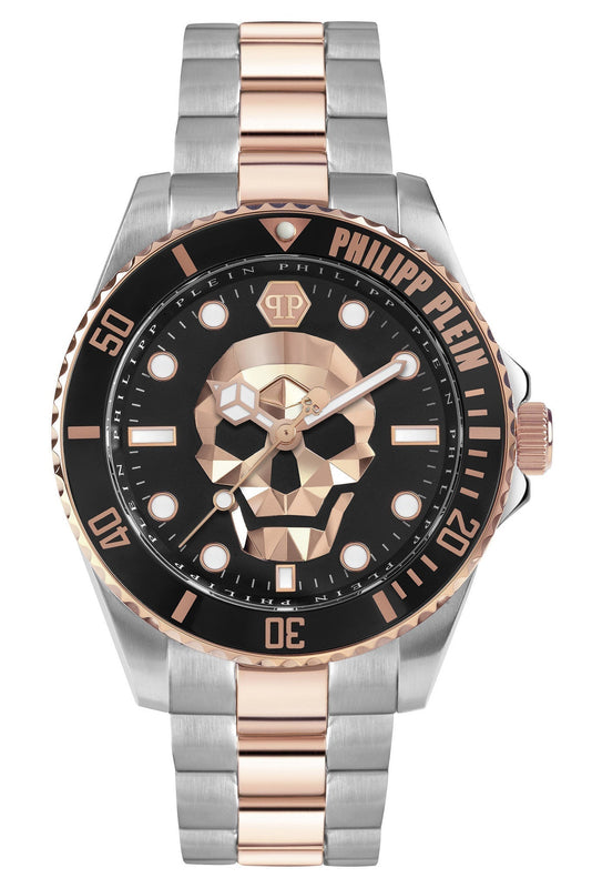 Philipp Plein The $kull Diver Black Dial Silver With Rose Gold Stainless Steel Strap Watch For Men- PWOAA0822