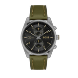 Hugo Boss Skytraveller Chronograph Black Dial Green Leather Strap Watch for Men - 1514148