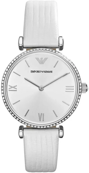 Emporio Armani Gianni T-Bar Silver Dial White Leather Strap Watch for Women - AR1680