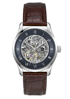 Hugo Boss Principle Skeleton Blue Dial Brown Leather Strap Watch for Men - 1514305