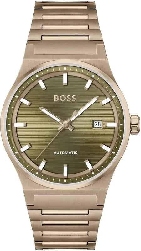 Hugo Boss Candor Automatic Olive Green Dial Brown Steel Strap Watch for Men - 1514184