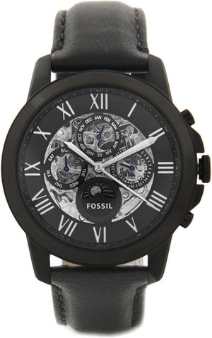 Fossil Grant Automatic Chronograph Black Dial Black Leather Strap Watch for Men - ME3028