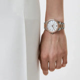 Michael Kors Layton Three Hand Mother of Pearl White Dial Two Tone Steel Strap Watch For Women - MK6849