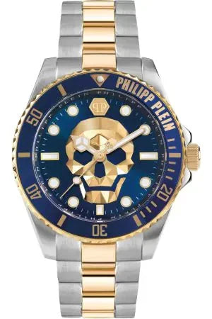 Philipp Plein The $kull Diver Blue Dial Silver With Gold Stainless Steel Strap Watch For Men- PWOAA0722