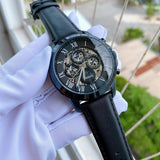 Fossil Grant Automatic Chronograph Black Dial Black Leather Strap Watch for Men - ME3028